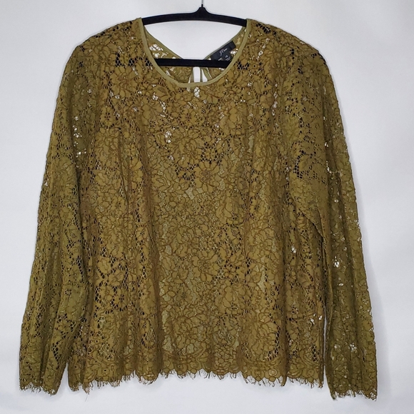 J. Crew Lace Top with Cami Size 18 Fringe Trim Long Sleeve Green Blouse Moody - Picture 15 of 15